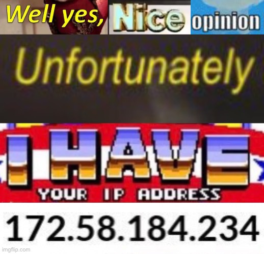 image tagged in well yes nice opinion unfortunately i have your ip address | made w/ Imgflip meme maker