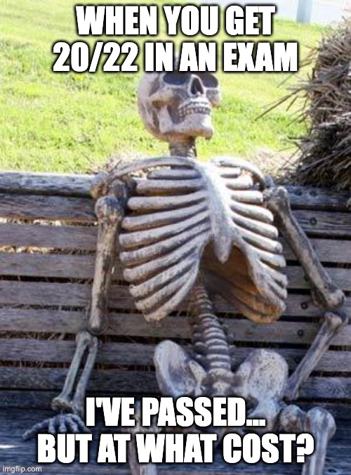 Bye Bye Fellow Soldiers | WHEN YOU GET 20/22 IN AN EXAM; I'VE PASSED... BUT AT WHAT COST? | image tagged in memes,waiting skeleton,2022,covid-19,omicron | made w/ Imgflip meme maker