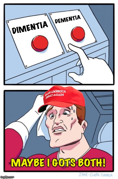 Two Button Maga Hat | DIMENTIA DEMENTIA MAYBE I GOTS BOTH! | image tagged in two button maga hat | made w/ Imgflip meme maker