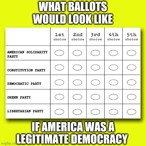 WHAT BALLOTS WOULD LOOK LIKE; AMERICAN SOLIDARITY
PARTY
 
 
CONSTITUTION PARTY
 
 
DEMOCRATIC PARTY
 
 
GREEN PARTY
 
 
LIBERTARIAN PARTY; IF AMERICA WAS A LEGITIMATE DEMOCRACY | image tagged in united states,democracy,ranked choice,no republicans | made w/ Imgflip meme maker