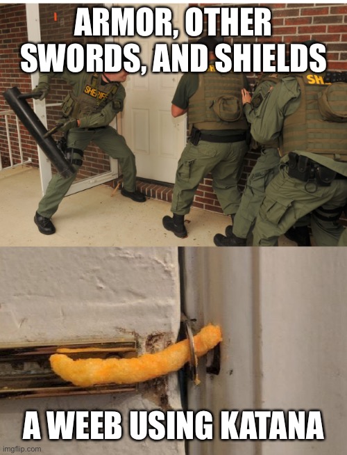 Katana’s in RL | ARMOR, OTHER SWORDS, AND SHIELDS; A WEEB USING KATANA | image tagged in swat cheeto lock | made w/ Imgflip meme maker