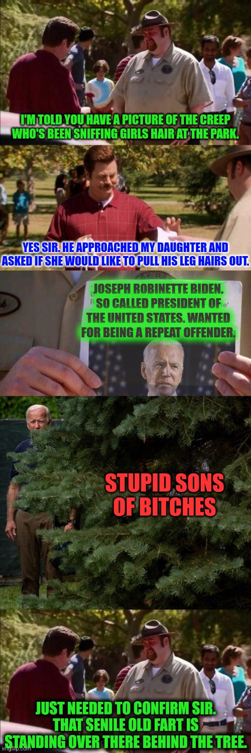 Creepy joe at the park | I'M TOLD YOU HAVE A PICTURE OF THE CREEP WHO'S BEEN SNIFFING GIRLS HAIR AT THE PARK. YES SIR. HE APPROACHED MY DAUGHTER AND ASKED IF SHE WOULD LIKE TO PULL HIS LEG HAIRS OUT. JOSEPH ROBINETTE BIDEN. SO CALLED PRESIDENT OF THE UNITED STATES. WANTED FOR BEING A REPEAT OFFENDER. STUPID SONS OF BITCHES; JUST NEEDED TO CONFIRM SIR. THAT SENILE OLD FART IS STANDING OVER THERE BEHIND THE TREE. | image tagged in creepy joe biden,comprehending joey,creeper | made w/ Imgflip meme maker