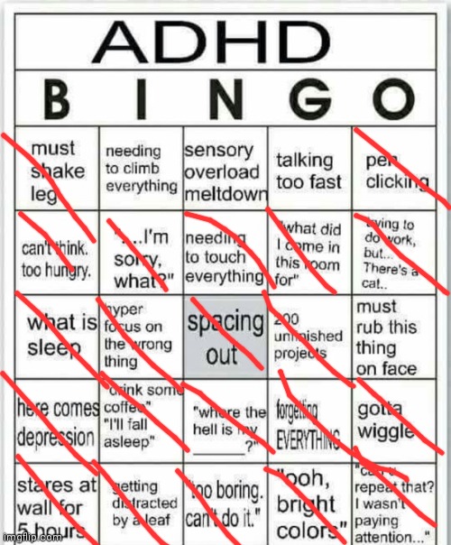 Fuckfuckfuckfuckfuckfuckfuck | image tagged in adhd bingo | made w/ Imgflip meme maker