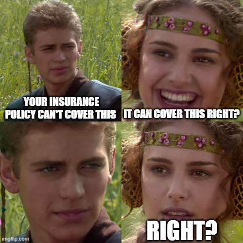 Insurance can't cover this | YOUR INSURANCE POLICY CAN'T COVER THIS; IT CAN COVER THIS RIGHT? RIGHT? | image tagged in anakin padme 4 panel,insurance | made w/ Imgflip meme maker