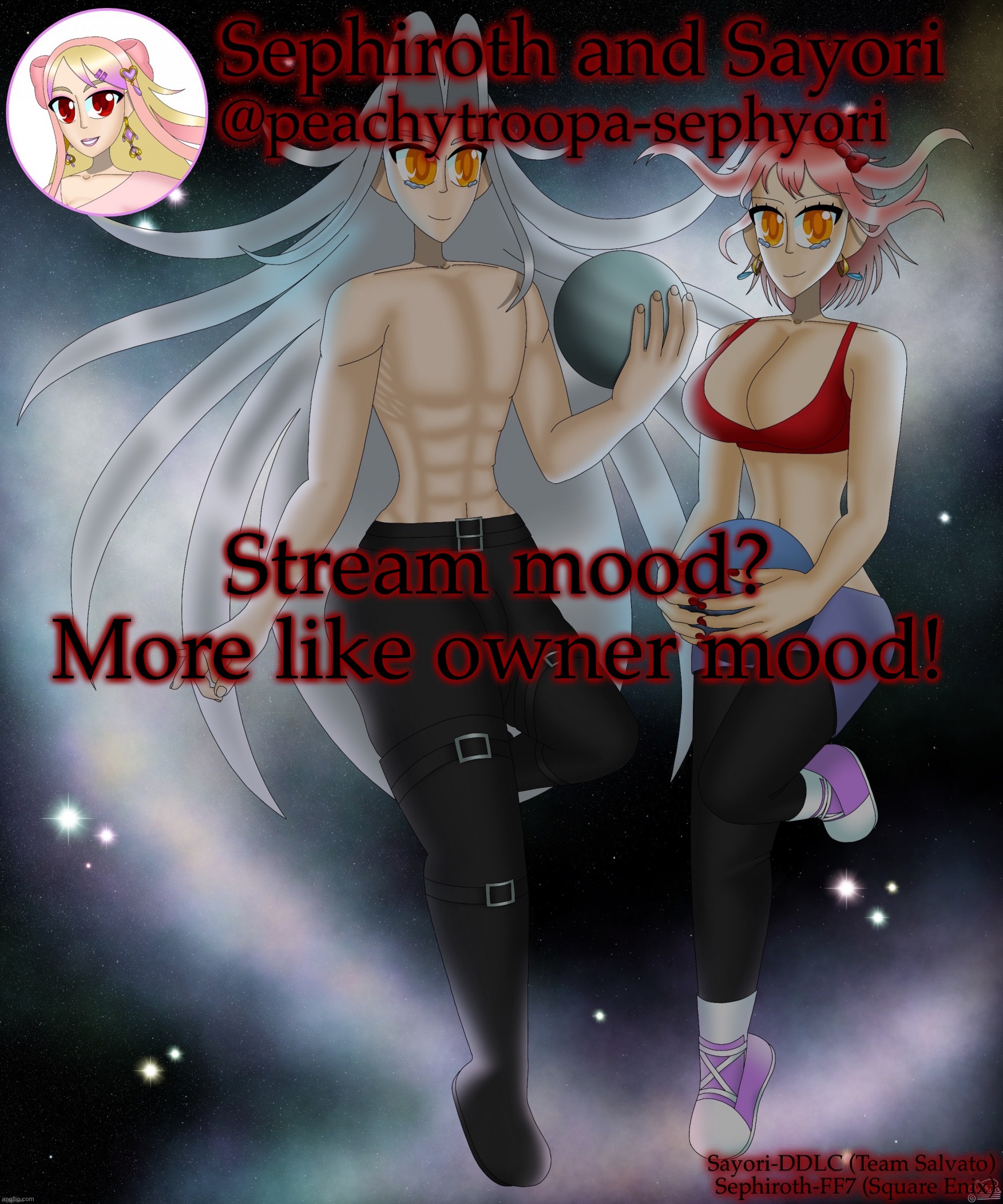 Sayori and Sephiroth | Stream mood?
More like owner mood! | image tagged in sayori and sephiroth | made w/ Imgflip meme maker