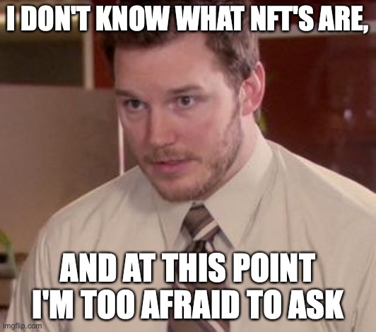 I don't know what NFT's are |  I DON'T KNOW WHAT NFT'S ARE, AND AT THIS POINT I'M TOO AFRAID TO ASK | image tagged in andy dwyer | made w/ Imgflip meme maker