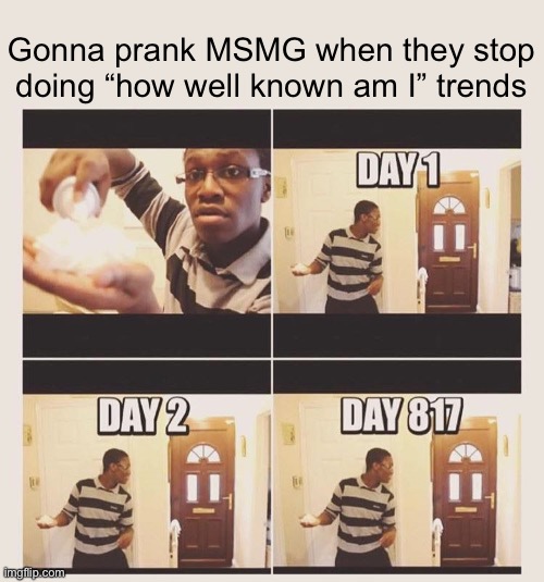 gonna prank x when he/she gets home | Gonna prank MSMG when they stop doing “how well known am I” trends | image tagged in gonna prank x when he/she gets home | made w/ Imgflip meme maker