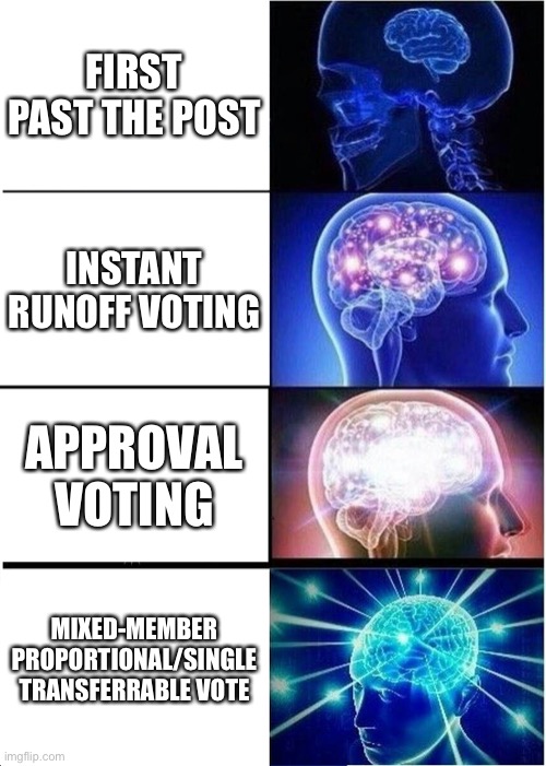 We need better good voting systems. | FIRST PAST THE POST; INSTANT RUNOFF VOTING; APPROVAL VOTING; MIXED-MEMBER PROPORTIONAL/SINGLE TRANSFERRABLE VOTE | image tagged in memes,expanding brain,voting,first past the post,proportional representation | made w/ Imgflip meme maker