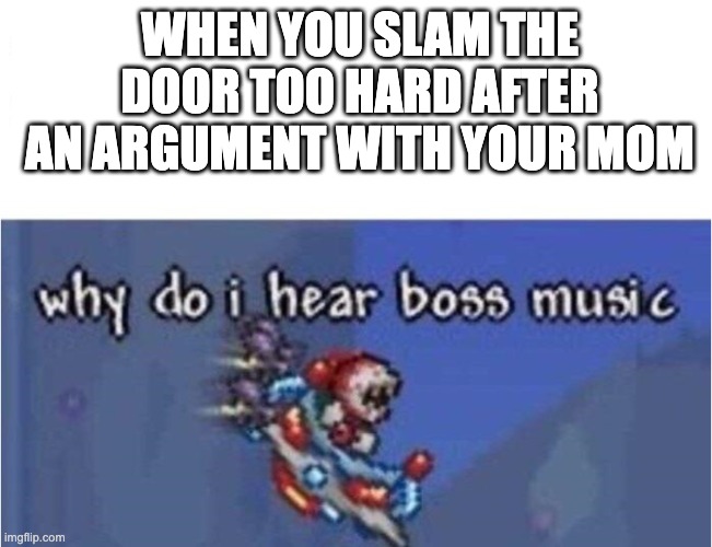 Any of you ever heard of terraria? Comment below if so. | WHEN YOU SLAM THE DOOR TOO HARD AFTER AN ARGUMENT WITH YOUR MOM | image tagged in why do i hear boss music,terraria,memes | made w/ Imgflip meme maker