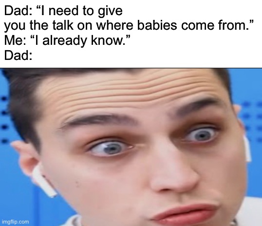 HOW DO YOU KNOW SON | Dad: “I need to give you the talk on where babies come from.”
Me: “I already know.”
Dad: | image tagged in blank white template | made w/ Imgflip meme maker