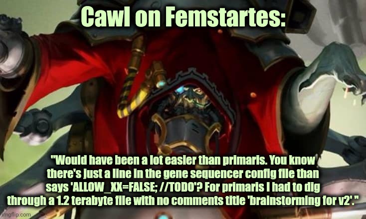 Cawl on Femstartes:; "Would have been a lot easier than primaris. You know there's just a line in the gene sequencer config file than says 'ALLOW_XX=FALSE; //TODO'? For primaris I had to dig through a 1.2 terabyte file with no comments title 'brainstorming for v2'." | image tagged in Grimdank | made w/ Imgflip meme maker