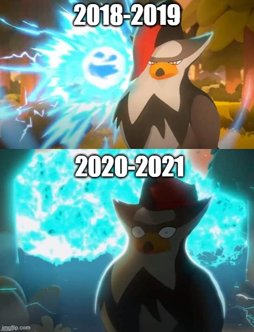 How the heck did we get here? | 2018-2019; 2020-2021 | image tagged in surprised staraptor,years,pokemon | made w/ Imgflip meme maker
