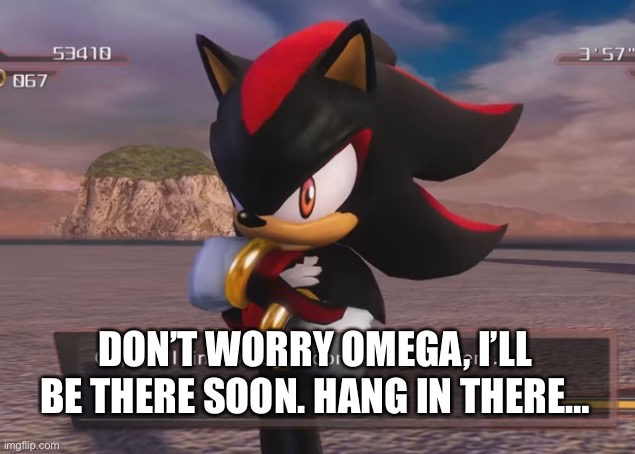 Shadow saving E-123 Omega | DON’T WORRY OMEGA, I’LL BE THERE SOON. HANG IN THERE… | image tagged in shadow the hedgehog | made w/ Imgflip meme maker