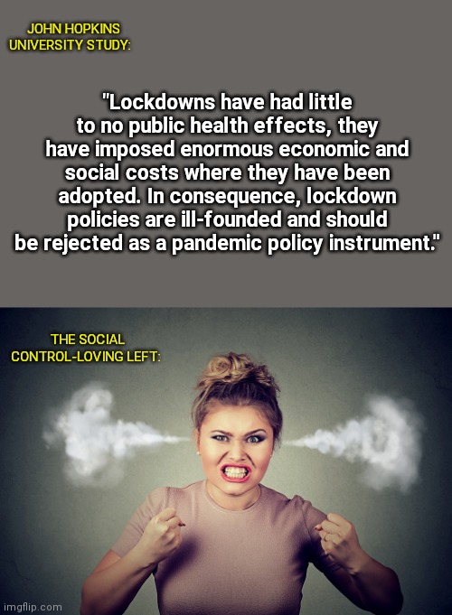 John Hopkins University Study vs The Lockdown Lovers | "Lockdowns have had little to no public health effects, they have imposed enormous economic and social costs where they have been adopted. In consequence, lockdown policies are ill-founded and should be rejected as a pandemic policy instrument."; JOHN HOPKINS UNIVERSITY STUDY:; THE SOCIAL CONTROL-LOVING LEFT: | image tagged in john hopkins university,covid-19,pandemic,mandates,lockdowns,propaganda | made w/ Imgflip meme maker
