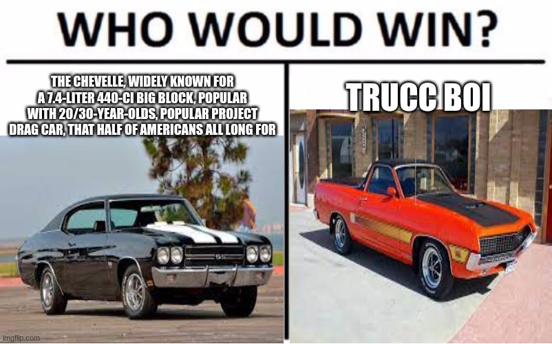 ford ranchero vs chevelle | THE CHEVELLE, WIDELY KNOWN FOR A 7.4-LITER 440-CI BIG BLOCK, POPULAR WITH 20/30-YEAR-OLDS, POPULAR PROJECT DRAG CAR, THAT HALF OF AMERICANS ALL LONG FOR; TRUCC BOI | made w/ Imgflip meme maker