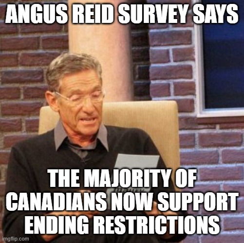 maurey | ANGUS REID SURVEY SAYS THE MAJORITY OF CANADIANS NOW SUPPORT ENDING RESTRICTIONS | image tagged in maurey | made w/ Imgflip meme maker