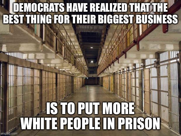 Prison | DEMOCRATS HAVE REALIZED THAT THE BEST THING FOR THEIR BIGGEST BUSINESS IS TO PUT MORE WHITE PEOPLE IN PRISON | image tagged in prison | made w/ Imgflip meme maker