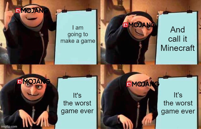 Gru's Plan Meme | I am going to make a game; And call it Minecraft; It's the worst game ever; It's the worst game ever | image tagged in memes,gru's plan | made w/ Imgflip meme maker