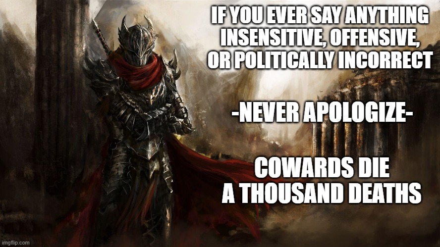 you are gonna be punished anyway. Might as well be hanged as a lion, not as a sheep | IF YOU EVER SAY ANYTHING INSENSITIVE, OFFENSIVE, OR POLITICALLY INCORRECT; -NEVER APOLOGIZE-; COWARDS DIE A THOUSAND DEATHS | image tagged in stupid liberals,political meme,truth,funny memes | made w/ Imgflip meme maker