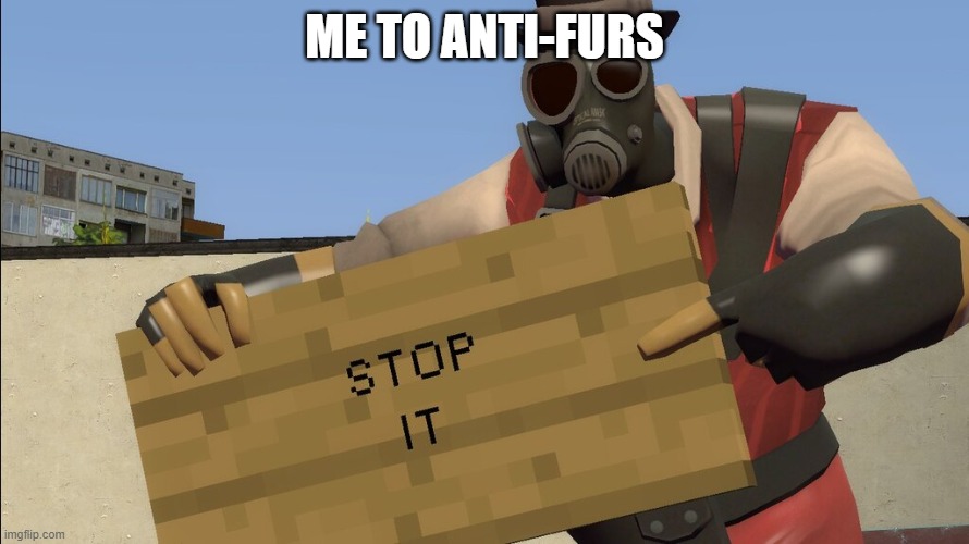i hate anti-furs | ME TO ANTI-FURS | image tagged in pyro stop it | made w/ Imgflip meme maker
