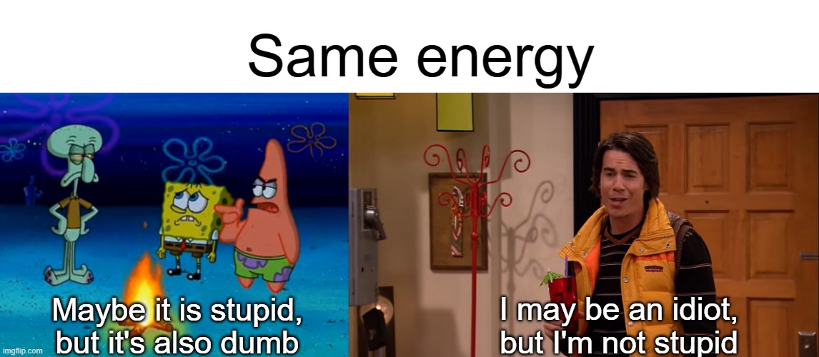 Same energy | Same energy; Maybe it is stupid, but it's also dumb; I may be an idiot, but I'm not stupid | image tagged in spongebob meme,icarly | made w/ Imgflip meme maker