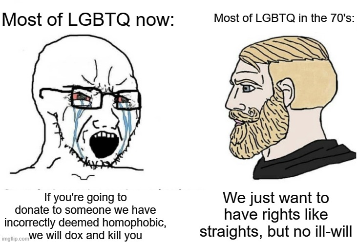 Twitter is a big reason as to how we got here | Most of LGBTQ now:; Most of LGBTQ in the 70's:; If you're going to donate to someone we have incorrectly deemed homophobic, we will dox and kill you; We just want to have rights like straights, but no ill-will | image tagged in soyboy vs yes chad,twitter,lgbtq | made w/ Imgflip meme maker