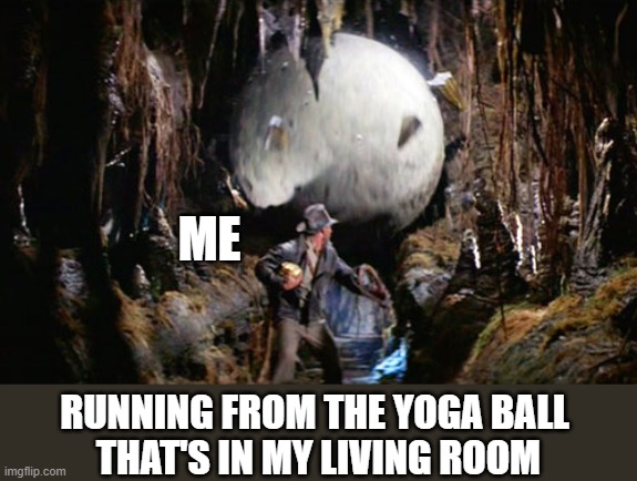 Indiana Jones Boulder | ME; RUNNING FROM THE YOGA BALL 
 THAT'S IN MY LIVING ROOM | image tagged in indiana jones boulder,funny memes,memes,run | made w/ Imgflip meme maker