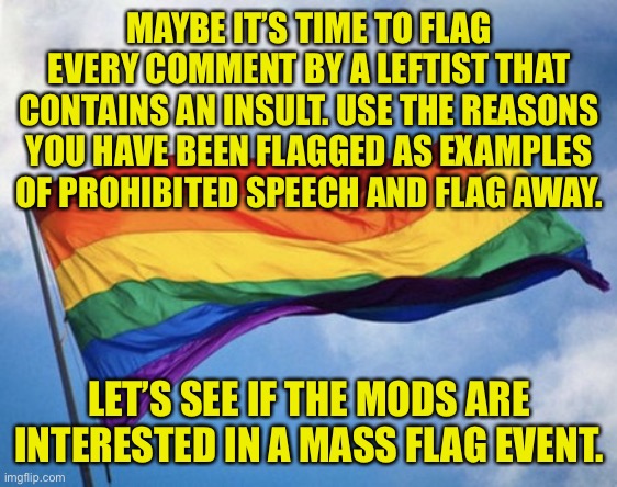 Leftists routinely Mass flag comments. Time for fire with fire | MAYBE IT’S TIME TO FLAG EVERY COMMENT BY A LEFTIST THAT CONTAINS AN INSULT. USE THE REASONS YOU HAVE BEEN FLAGGED AS EXAMPLES OF PROHIBITED SPEECH AND FLAG AWAY. LET’S SEE IF THE MODS ARE INTERESTED IN A MASS FLAG EVENT. | image tagged in gay pride flag waving against sky,fight fire with fire,biased mods or leftist mass flag events,are the mods biased,yes they are | made w/ Imgflip meme maker