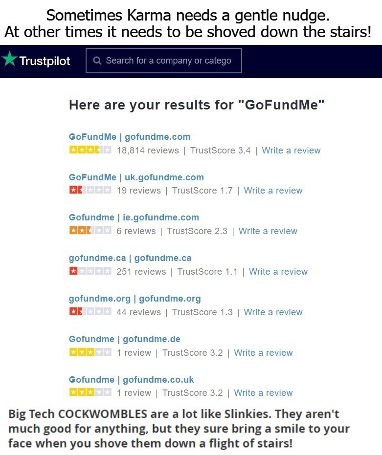 Sometimes Karma needs a gentle nudge. | image tagged in instant karma,mad karma,karma's a bitch,karma,gofundme,trustpilot | made w/ Imgflip meme maker
