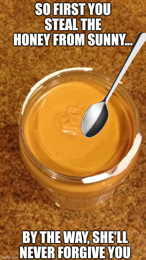 Fresh Peanut Butter | SO FIRST YOU STEAL THE HONEY FROM SUNNY... BY THE WAY, SHE'LL NEVER FORGIVE YOU | image tagged in fresh peanut butter | made w/ Imgflip meme maker