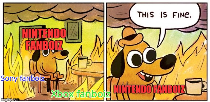 All gameers | NINTENDO FANBOIZ; Sony fanboiz; NINTENDO FANBOIZ; Xbox fanboiz | image tagged in memes,this is fine | made w/ Imgflip meme maker