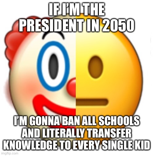 Bruh what | IF I’M THE PRESIDENT IN 2050; I’M GONNA BAN ALL SCHOOLS AND LITERALLY TRANSFER KNOWLEDGE TO EVERY SINGLE KID | image tagged in bruh what | made w/ Imgflip meme maker