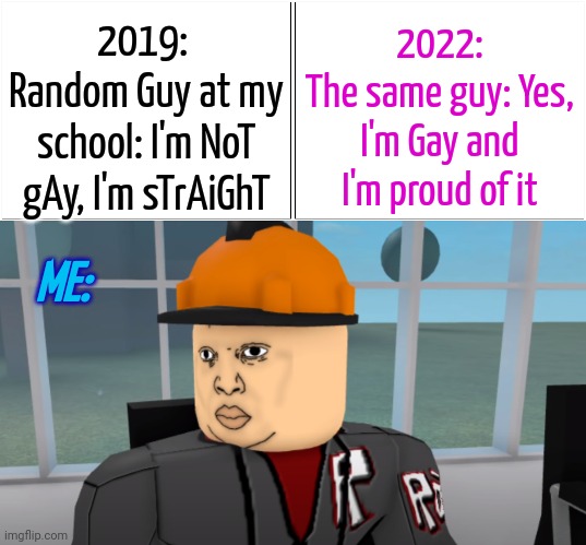2019: 
Random Guy at my school: I'm NoT gAy, I'm sTrAiGhT; 2022:
The same guy: Yes, I'm Gay and I'm proud of it; ME: | image tagged in memes,blank comic panel 2x1,bruh | made w/ Imgflip meme maker