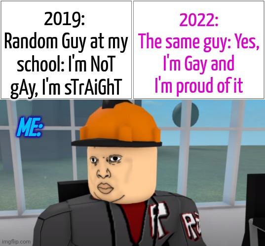2019: 
Random Guy at my school: I'm NoT gAy, I'm sTrAiGhT; 2022:
The same guy: Yes, I'm Gay and I'm proud of it; ME: | image tagged in memes,blank comic panel 2x1,bruh | made w/ Imgflip meme maker