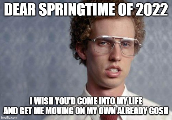 Not that much to say about this meme now is there | DEAR SPRINGTIME OF 2022; I WISH YOU'D COME INTO MY LIFE AND GET ME MOVING ON MY OWN ALREADY GOSH | image tagged in napoleon dynamite,memes,relatable,savage memes,2022,impatient | made w/ Imgflip meme maker