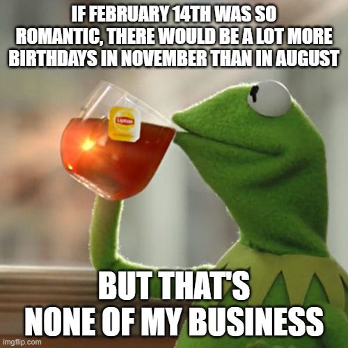 why so many birthdays in August? |  IF FEBRUARY 14TH WAS SO ROMANTIC, THERE WOULD BE A LOT MORE BIRTHDAYS IN NOVEMBER THAN IN AUGUST; BUT THAT'S NONE OF MY BUSINESS | image tagged in memes,but that's none of my business,kermit the frog,august,no nut november | made w/ Imgflip meme maker