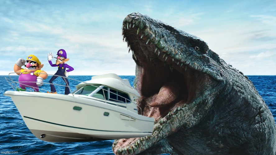 Wario and Waluigi went for a nice boat ride then dies by a mosasaurus | image tagged in wario dies,wario,waluigi,jurassic park,jurassic world,dinosaur | made w/ Imgflip meme maker