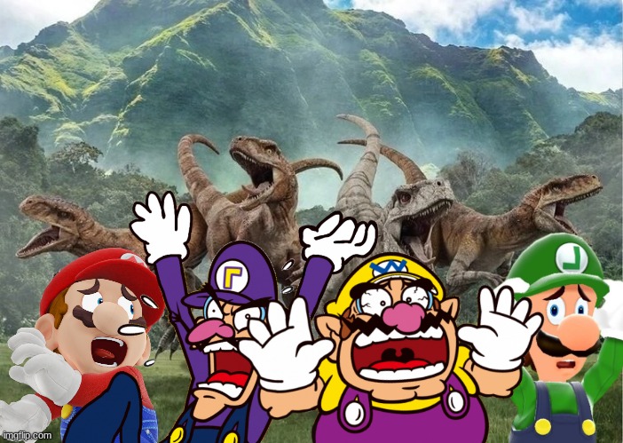 Wario and his friends died by a pack of atrociraptors | image tagged in wario dies,wario,mario,jurassic park,jurassic world,dinosaur | made w/ Imgflip meme maker