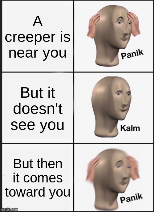 Bruh why creeper | A creeper is near you; But it doesn't see you; But then it comes toward you | image tagged in memes,panik kalm panik | made w/ Imgflip meme maker