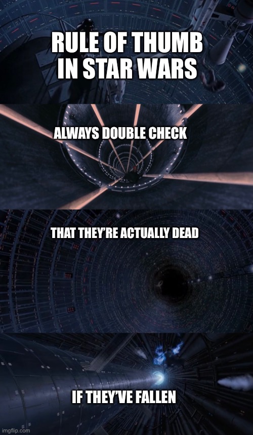 RULE OF THUMB IN STAR WARS; ALWAYS DOUBLE CHECK; THAT THEY’RE ACTUALLY DEAD; IF THEY’VE FALLEN | image tagged in star wars meme,emperor palpatine | made w/ Imgflip meme maker
