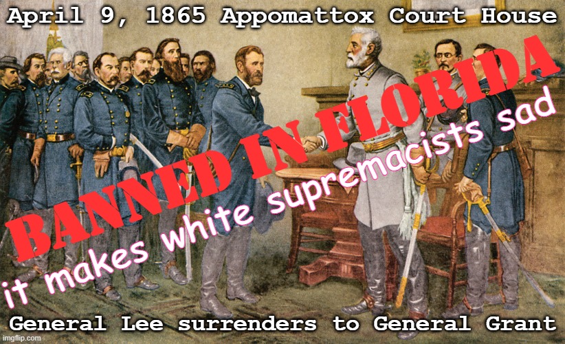 Banned in Florida by DeSantis - Confederacy loses Civil War | April 9, 1865 Appomattox Court House; Banned in Florida; it makes white supremacists sad; General Lee surrenders to General Grant | image tagged in lee - grant appomattox court house,trump,republican,desantis,florida,crt | made w/ Imgflip meme maker