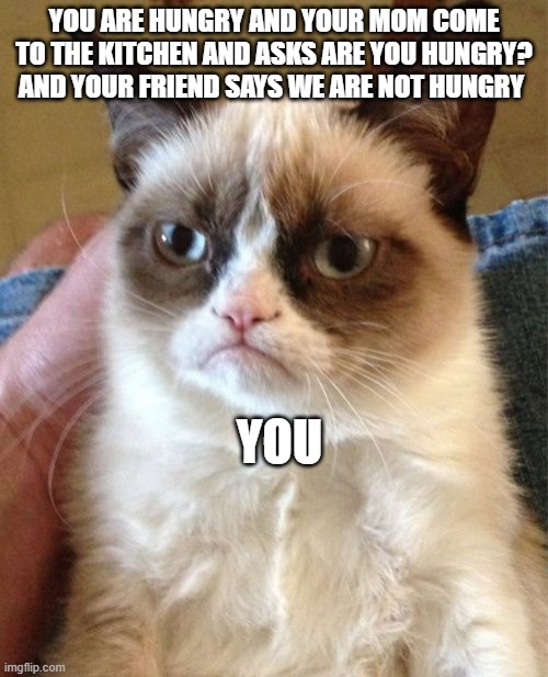 Grumpy Cat | YOU ARE HUNGRY AND YOUR MOM COME TO THE KITCHEN AND ASKS ARE YOU HUNGRY? AND YOUR FRIEND SAYS WE ARE NOT HUNGRY; YOU | image tagged in memes,grumpy cat | made w/ Imgflip meme maker