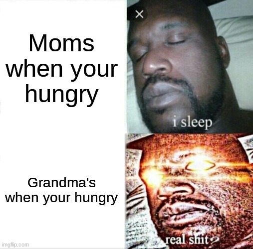 Sleeping Shaq | Moms when your hungry; Grandma's when your hungry | image tagged in memes,sleeping shaq | made w/ Imgflip meme maker