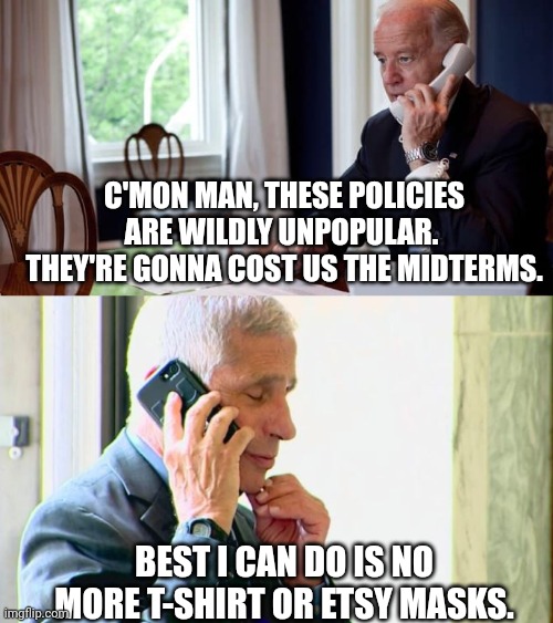 C'MON MAN, THESE POLICIES ARE WILDLY UNPOPULAR.  THEY'RE GONNA COST US THE MIDTERMS. BEST I CAN DO IS NO MORE T-SHIRT OR ETSY MASKS. | image tagged in president joe biden on the phone | made w/ Imgflip meme maker