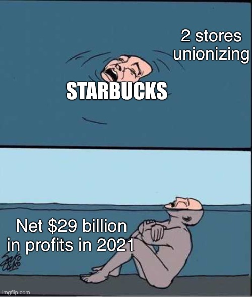 Starbucks cope | 2 stores unionizing; STARBUCKS; Net $29 billion in profits in 2021 | image tagged in crying guy drowning,working class,starbucks,union,labor,capitalism | made w/ Imgflip meme maker