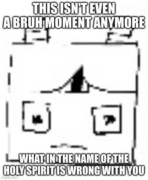 THIS ISN'T EVEN A BRUH MOMENT ANYMORE; WHAT IN THE NAME OF THE HOLY SPIRIT IS WRONG WITH YOU | made w/ Imgflip meme maker