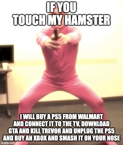 real | IF YOU TOUCH MY HAMSTER; I WILL BUY A PS5 FROM WALMART AND CONNECT IT TO THE TV, DOWNLOAD GTA AND KILL TREVOR AND UNPLUG THE PS5 AND BUY AN XBOX AND SMASH IT ON YOUR NOSE | image tagged in pink guy with a gun | made w/ Imgflip meme maker