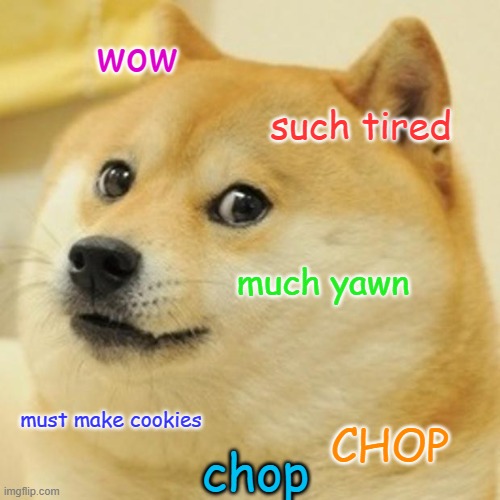 i am sooo tired rn | wow; such tired; much yawn; must make cookies; CHOP; chop | image tagged in memes,doge | made w/ Imgflip meme maker