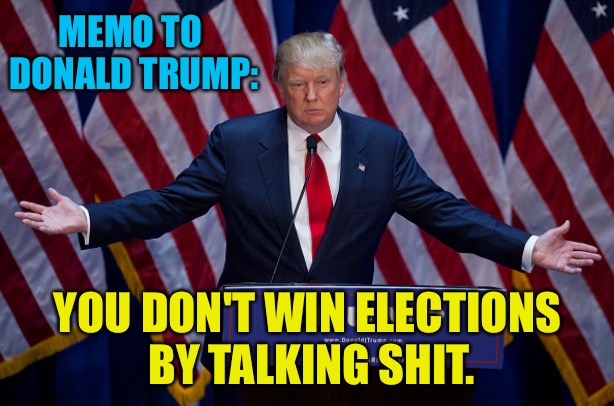Donald Trump | MEMO TO 
DONALD TRUMP: YOU DON'T WIN ELECTIONS
 BY TALKING SHIT. | image tagged in donald trump | made w/ Imgflip meme maker