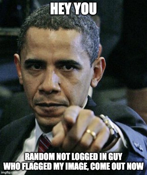 obamba | HEY YOU; RANDOM NOT LOGGED IN GUY WHO FLAGGED MY IMAGE, COME OUT NOW | image tagged in obama pointing finger | made w/ Imgflip meme maker